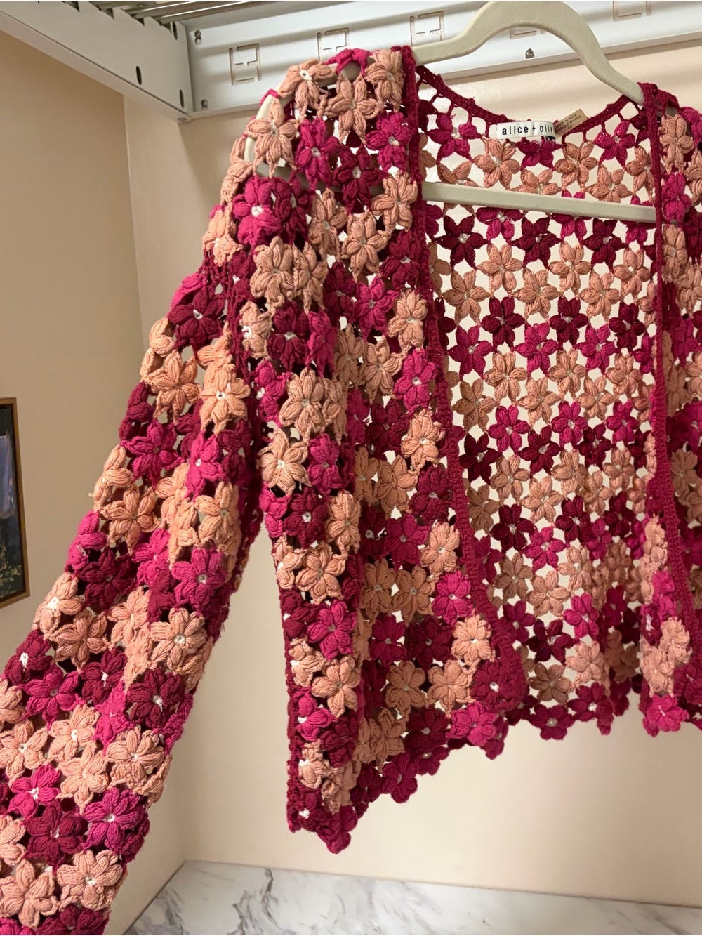 alice + olivia Crochet Floral Open Cardigan in Pink & Peach